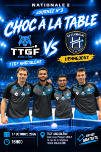 Nationale 2 – L&rsquo;avant Match : TTGF contre Hennebont le 17 octobre 2026